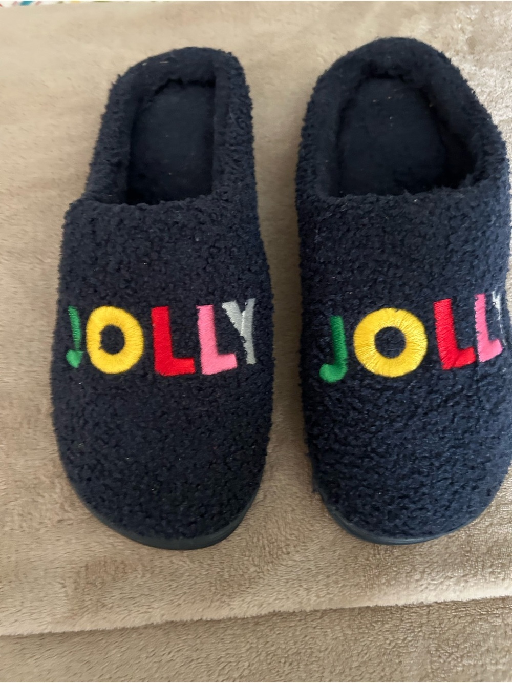 Macy's Navy Jolly Embroidered Sherpa Slippers